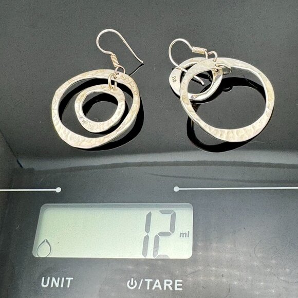 Hammered Sterling Silver Dangle Earrings Wavy Double Circle Design Vintage - Picture 4 of 8